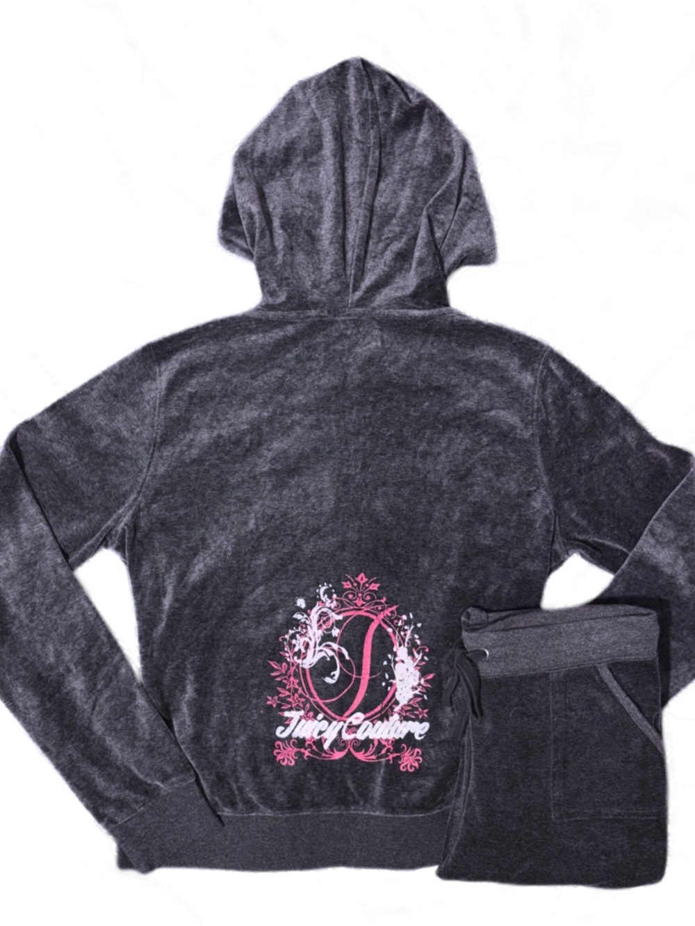 Juicy Couture Grey Velour Hoodie & Pants Tracksuit Set with Pink Logo
